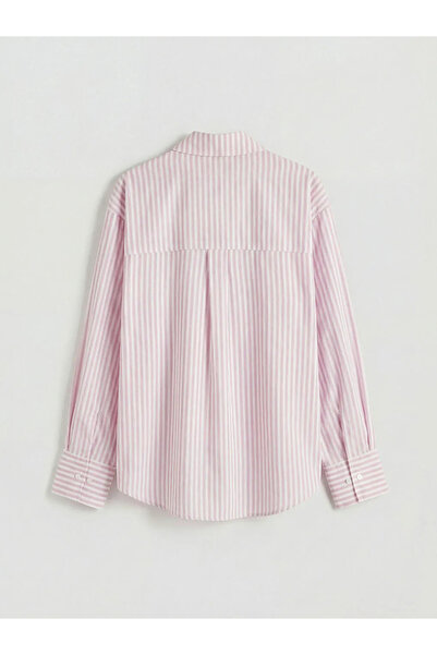 LC Waikiki Ροζ Ριγέ Ποπλίνα Γυναικείο πουκάμισο