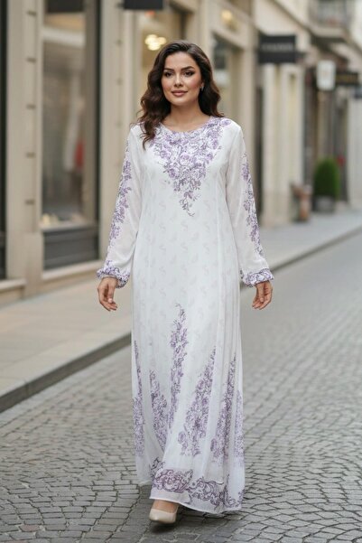 Mossta Φόρεμα μάξι από σιφόν με λιλά σχέδια και επένδυση |   Μακρυμάνικο με ά...