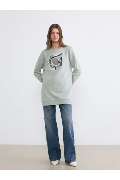 LC Waikiki Γκρι γυναικείο φούτερ με στάμπα και λαιμόκοψη ποδηλάτου