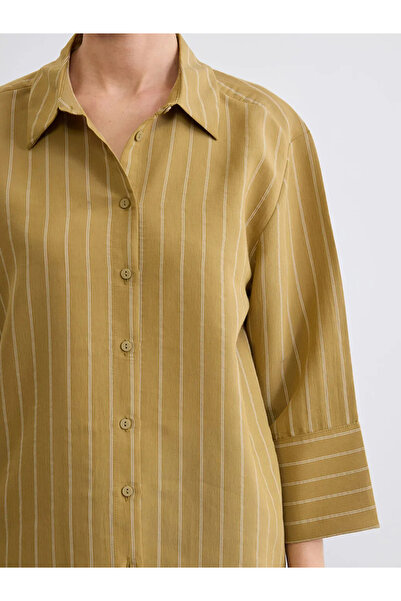 LC Waikiki Χακί ριγέ γυναικείο πουκάμισο από ποπλίνα