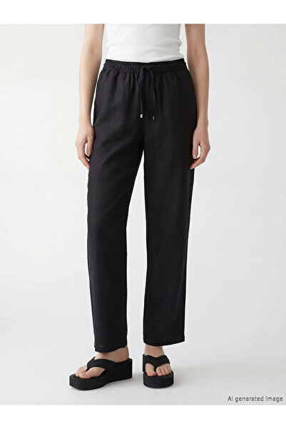 LC Waikiki Μαύρο γυναικείο λινό παντελόνι με ελαστική μέση