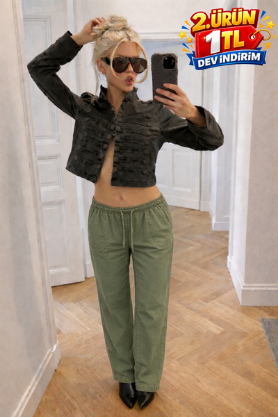 DAMGA JEANS Women's Trend Low Waist Loose Green Linen Trousers