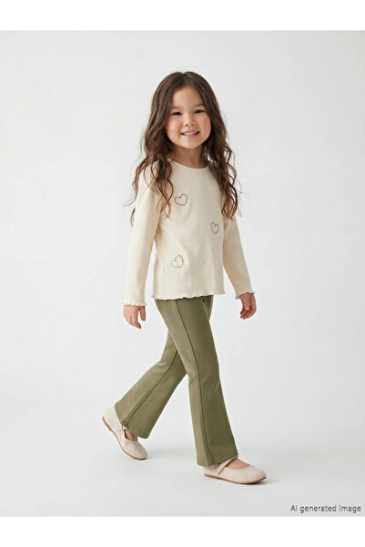 LC Waikiki Ecru Kalp με τύπωμα Κοριτσίστικη Μπλούζα και Παντελόνι Κολάν