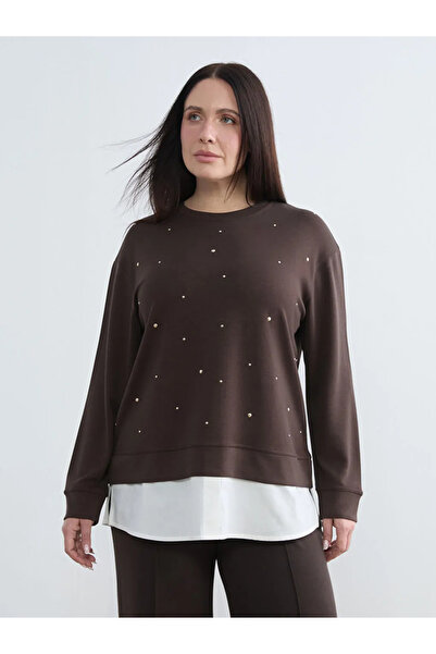 LC Waikiki Γυναικείο φούτερ καφέ με λαιμόκοψη και πέτρα