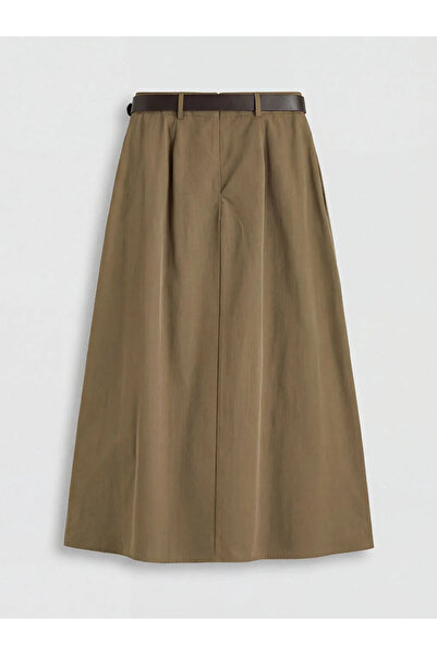LC Waikiki Χακί πλισέ φούστα από ποπλίνα με ζώνη στη μέση