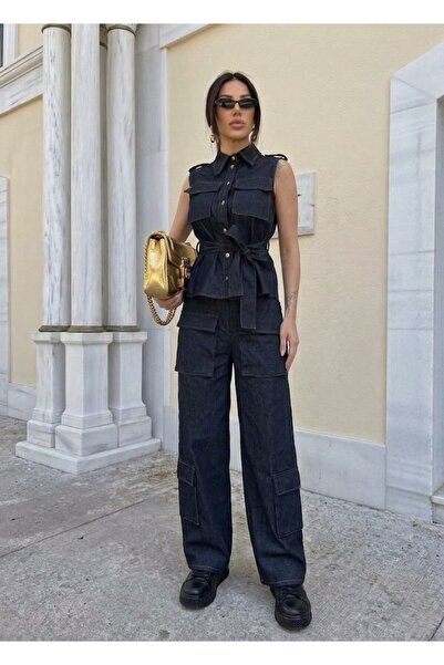 LOKADI Σετ Βαθύ Μπλε Τζιν Παντελόνι Κάργκο και Γιλέκο με Ζώνη - Σετ Τζιν Δύο ...