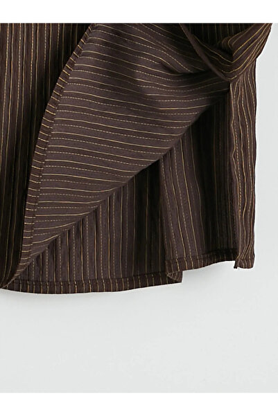 LC Waikiki Καφέ πουκάμισο με γιακά, ριγέ, oversized, γυναικείο τουνίκ Dobby