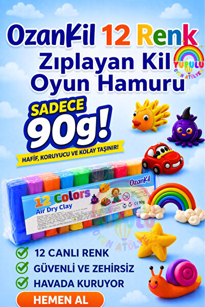 YUPULU Zıplayan Kil Havayla Kuruyan Yumuşak Oyun Hamuru 90 gr 12 Renk Set Ken...