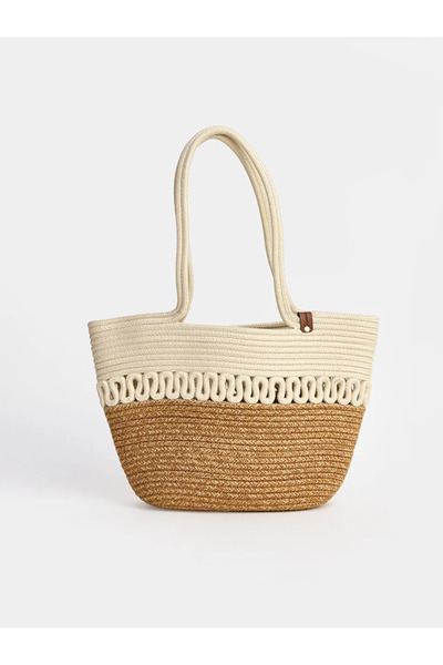 LC Waikiki Εκρού Γυναικεία Ψάθινη Τσάντα Παραλίας