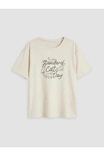 LC Waikiki Μπεζ γυναικείο μπλουζάκι πιτζάμας με στάμπα και λαιμόκοψη ποδηλάτου