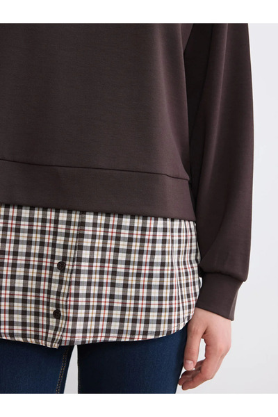 LC Waikiki Καφέ πουκάμισο με γιακά και καρό σχέδιο, γυναικείο φούτερ τουνίκ