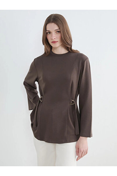 LC Waikiki Καφέ Γυναικείο Φούτερ Τουνίκ με Λαιμόκοψη Ποδηλάτου και Ζώνη στη Μέση