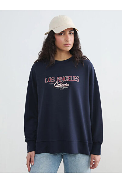 LC Waikiki Navy Blue Los Angeles Printed Women's Sweatshirt Tunic