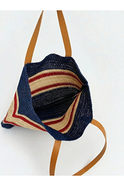 LC Waikiki Γυναικεία ψάθινη τσάντα παραλίας σε μπλε ναυτικό χρώμα