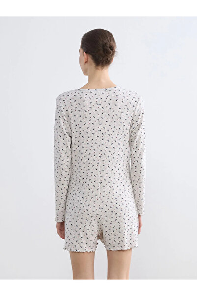 LC Waikiki Μπεζ γυναικείο φλοράλ σορτς ύπνου με λαιμόκοψη V