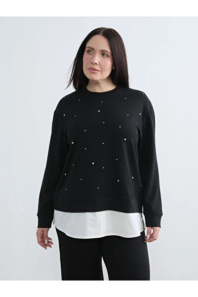 LC Waikiki Μαύρο γυναικείο φούτερ με λαιμόκοψη με πέτρα