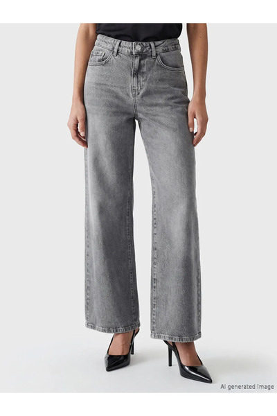 LC Waikiki Γκρι ψηλόμεσο γυναικείο τζιν παντελόνι με φαρδιά μπατζάκια