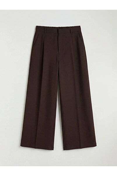 LC Waikiki Καφέ Γυναικείο Υφασμάτινο Παντελόνι με Ελαστική Μέση Με πιέτες