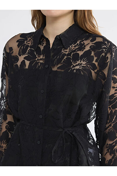 LC Waikiki Μαύρο γυναικείο πουκάμισο με φλοράλ ζώνη