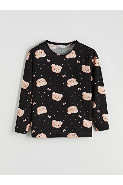 LC Waikiki Μαύρο γυναικείο μπλουζάκι πιτζάμας με στάμπα Bear Crew Neck