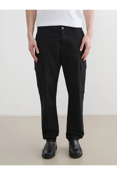 LC Waikiki Μαύρο Ανδρικό Παντελόνι Gabardine Cargo σε Στενή Γραμμή