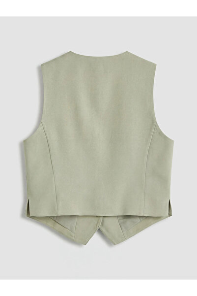 LC Waikiki Χακί V-λαιμόκοψη Λινό Μικτό Γυναικείο Κλασικό Γιλέκο