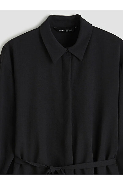 LC Waikiki Μαύρο γυναικείο πουκάμισο-τουνίκ με ζώνη στη μέση και oversized γρ...