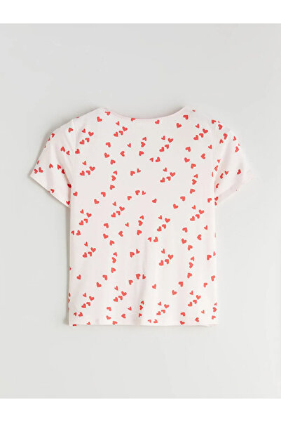 LC Waikiki Ροζ μπλούζα πιτζάμας με λαιμόκοψη V και στάμπα καρδιάς με φιόγκο