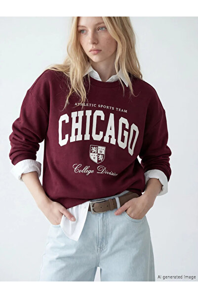 LC Waikiki Γυναικείο φούτερ σε μπορντό χρώμα με στάμπα Chicago, oversized