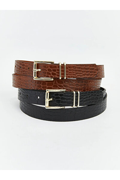 LC Waikiki Καφέ γυναικεία ζώνη με σχέδιο κροκόδειλου, σετ 2 τεμαχίων