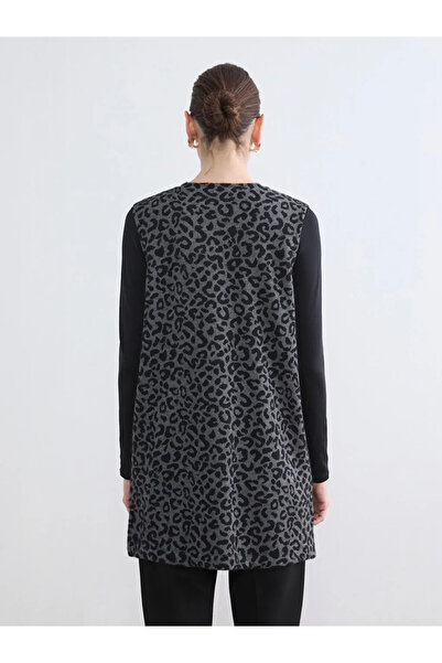 LC Waikiki Μαύρο γυναικείο γιλέκο με λεοπάρ Με σχέδιο και στρογγυλή Γιλέκο