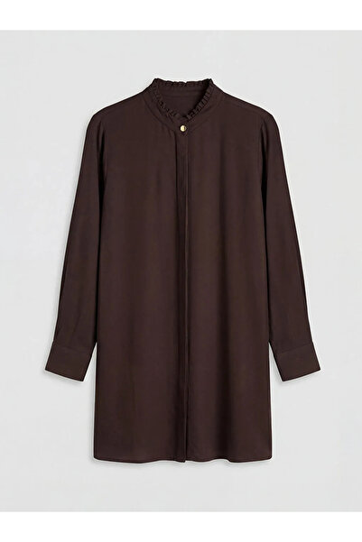 LC Waikiki Καφέ γυναικείο πουκάμισο τουνίκ με βολάν και γιακά