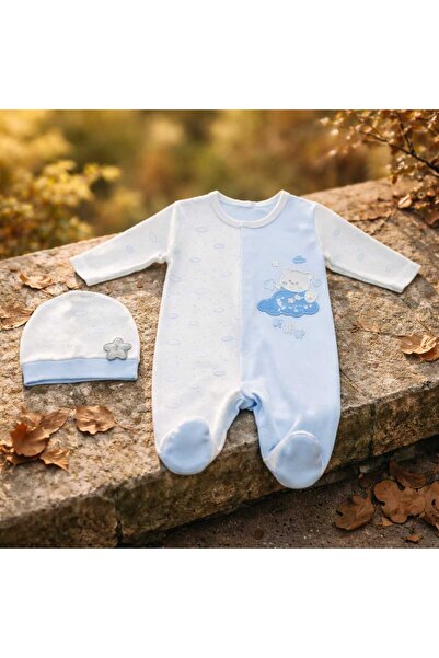 MİNİBORN Ayıcıklı Bulutlu Şapkalı Erkek Bebek Tulum Uzun Kollu