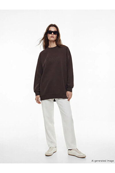 LC Waikiki Καφέ Γυναικείο Φούτερ Τουνίκ με Κέντημα Λος Άντζελες, Απαλής Υφής