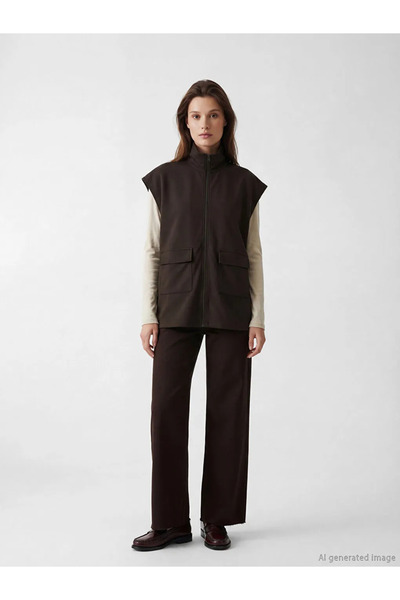 LC Waikiki Καφέ Γυναικείο Γιλέκο Oversize με Όρθιο Γιακά και Κορδόνι