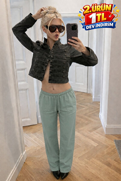 DAMGA JEANS Women's Trendy Low Waist Loose S.Green Linen Trousers