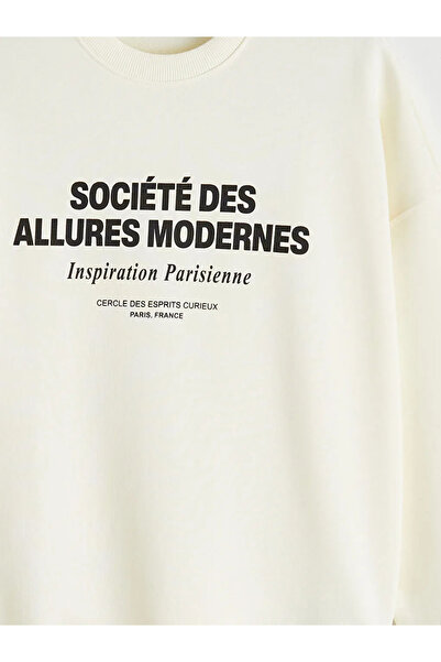 LC Waikiki Γυναικείο φούτερ Ecru Crew Neck με τύπωμα oversized