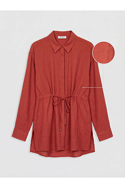 LC Waikiki Πορτοκαλί Ανάγλυφο Γυναικείο Πουκάμισο Τουνίκ με Κορδόνια