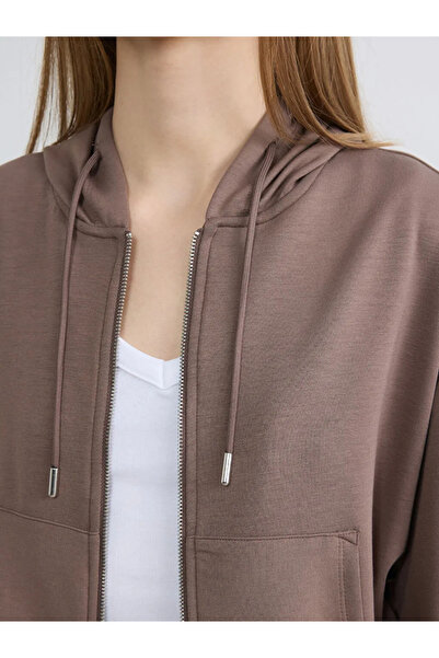 LC Waikiki Καφέ με κουκούλα Γυναικείο φούτερ με φερμουάρ Soft Touch