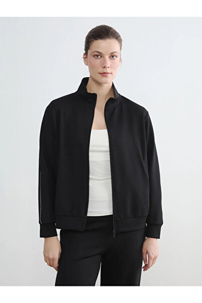 LC Waikiki Μαύρο γυναικείο φούτερ με φερμουάρ και λεπτομέρεια ψηλός λαιμός ρίγες