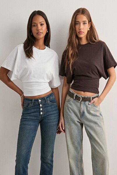 Cockatoo QLAY Γυναικεία μπλούζα βισκόζης με φαρδιά μανίκια σε καφέ και λευκό ...