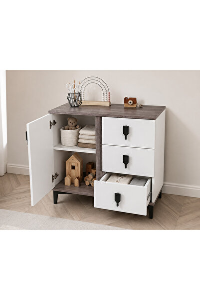 Aktehome Luna 1 Kapaklı 3 Çekmeceli Şifonyer 80x45x95 cm Beyaz Modern Dolap