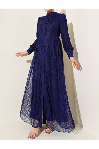 Lavanta Tekstil Βρετανικό βραδινό φόρεμα με δαντέλα και κουμπιά