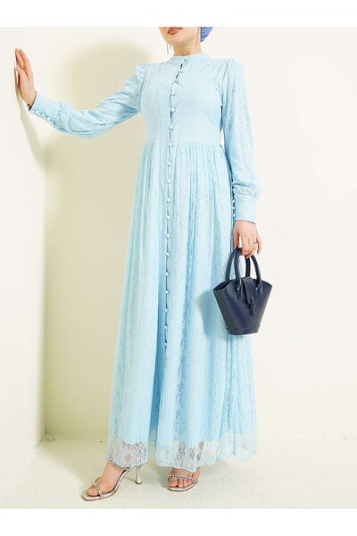 Lavanta Tekstil Βρετανικό βραδινό φόρεμα με δαντέλα και κουμπιά