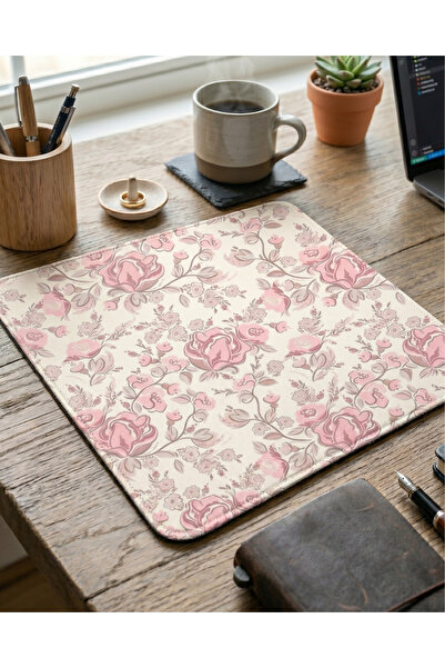 matizya Pembe Çiçek Desenli Mousepad | Vintage Estetik Masa Pedi 19x23 cm