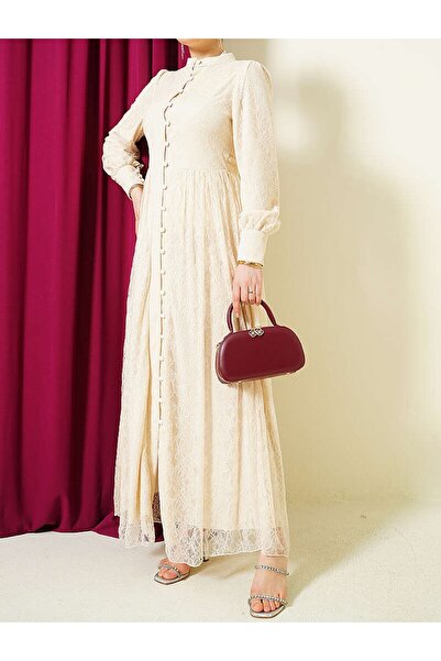 Lavanta Tekstil Βρετανικό βραδινό φόρεμα με δαντέλα και κουμπιά