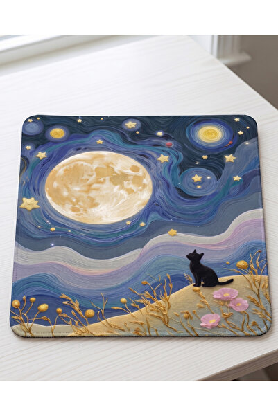 matizya Ay Işığı Kedi Mousepad | Yıldızlı Gece Estetik Masa Pedi 19x23 cm