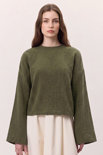 Moda Lippa Χακί Μουσελίνα Χαλαρή Μπλούζα