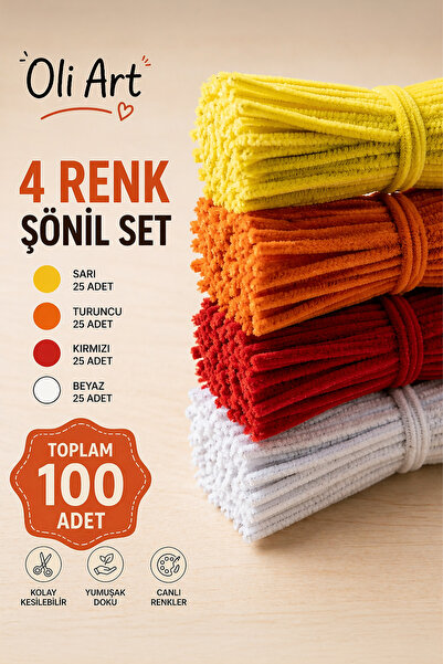 OLİ Art Renkli Şönil Seti 100 Adet - (Sarı, Turuncu, Kırmızı, Beyaz) Çiçek Ya...