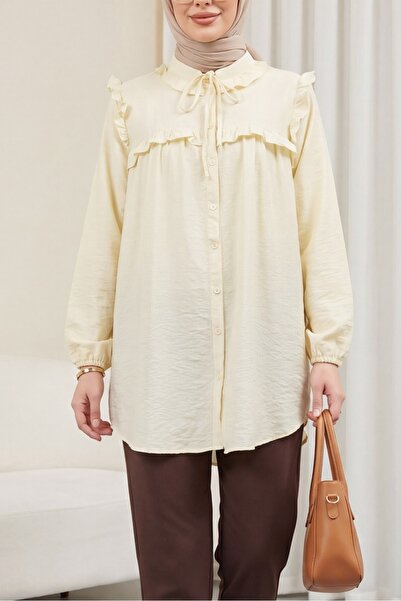 Modamorfo Πουκάμισο Cupra με δεμένο γιακά, ελαστικά μανίκια και βολάν - εκρού